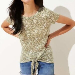 Loft 100% Linen Leaf Print Tie Front Top Womens M Tan Boho Retro 90s Y2K Casual